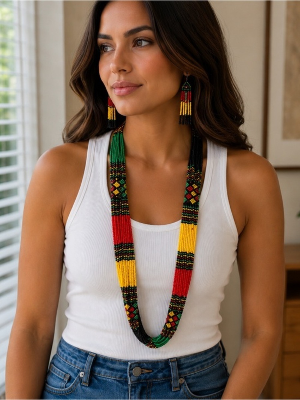 African hand made beaded layered mulitstrand necklace, with matching earrings